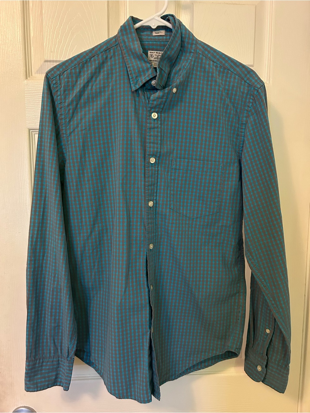 J. Crew Slim Fit Men’s Teal and Aqua Checked Button-Down Shirt Sz Medium